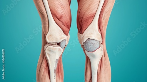 Detailed anatomical illustration of human legs showing muscles and knee joint structure on a vibrant background.