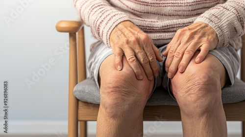 Close-up of an elderly person's hands resting on their knees, showcasing textures and warmth in a cozy setting. photo