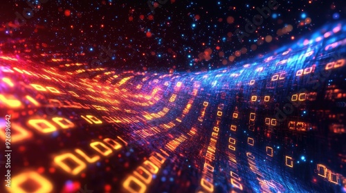 Abstract wave of binary code flowing through space