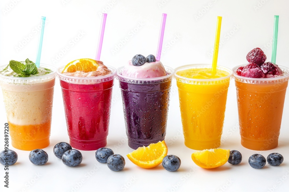 Juices and Floats in Plastic Cup on white background created with Generative AI Juices and Floats in Plastic Cup on white background created with Generative AI