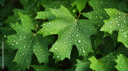 Close-up of fresh green leaves with water droplets, showcasing the beauty of nature and the effects of rain.