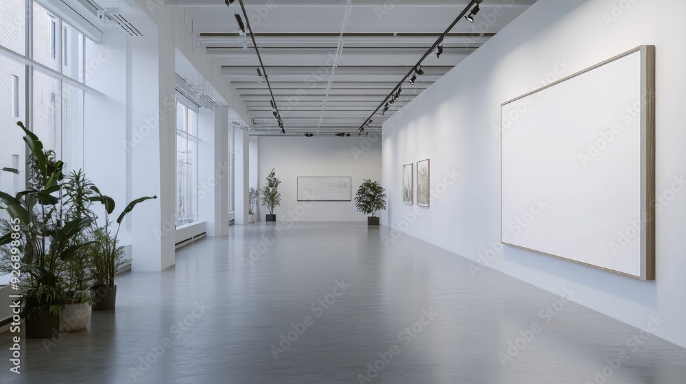 Blank wall frame in a modern, white-walled gallery space Blank wall frame in a modern, white-walled gallery space