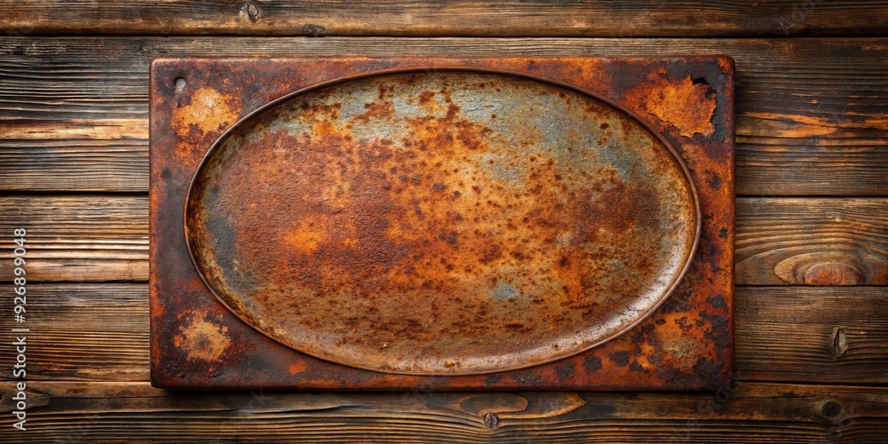 Rusty plate on wooden surface with corrosion and aged texture Rusty plate on wooden surface with corrosion and aged texture