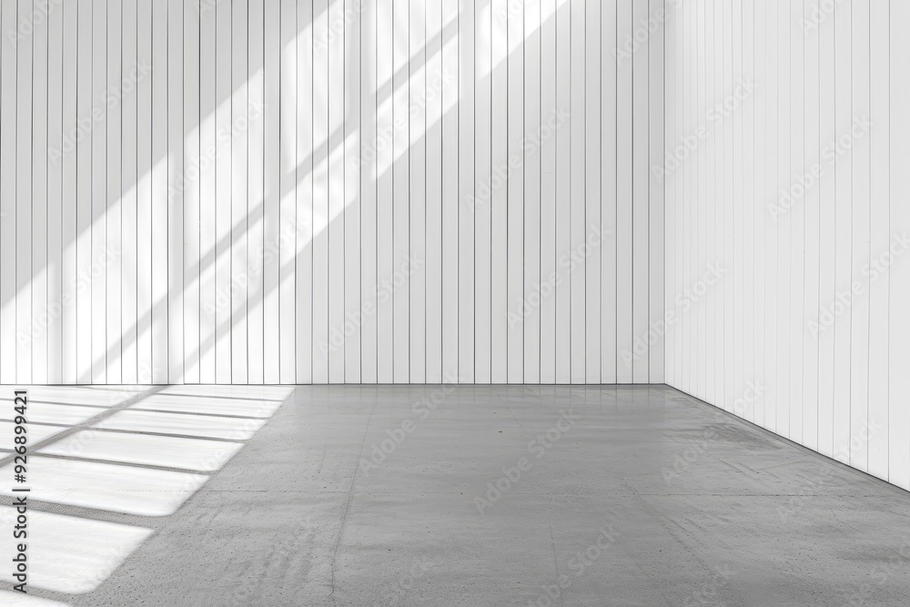 Fototapeta premium Empty Room with White Walls and Polished Wooden Floor, Minimalist Interior with Vertical Lines on White Wall for Product Presentation