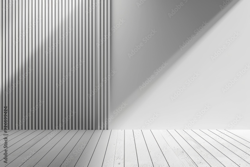 Empty Room with White Walls and Polished Wooden Floor, Minimalist Interior with Vertical Lines on White Wall for Product Presentation Empty Room with White Walls and Polished Wooden Floor, Minimalist Interior with Vertical Lines on White Wall for Product Presentation