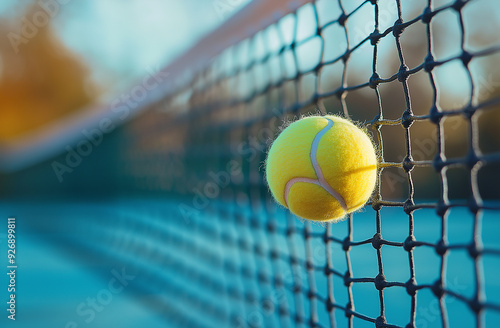 a tennis ball is in the net with a tennis ball in the background