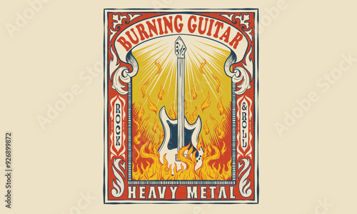 Music world tour. Music is power, Make some noise, Rock and roll artwork. Burning guitar print design for t shirt print, poster, sticker, background and other uses. Fire with guitar artwork.