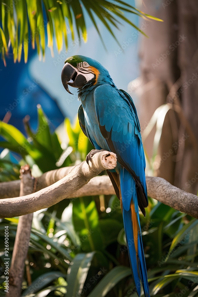 Obraz premium Yellow-breasted Blue Macaw in Nature, Forest, Wallpaper, Cover and Screen for Smartphone, Cell Phone, Computer, Laptop, 9:16 and 16:9 Format