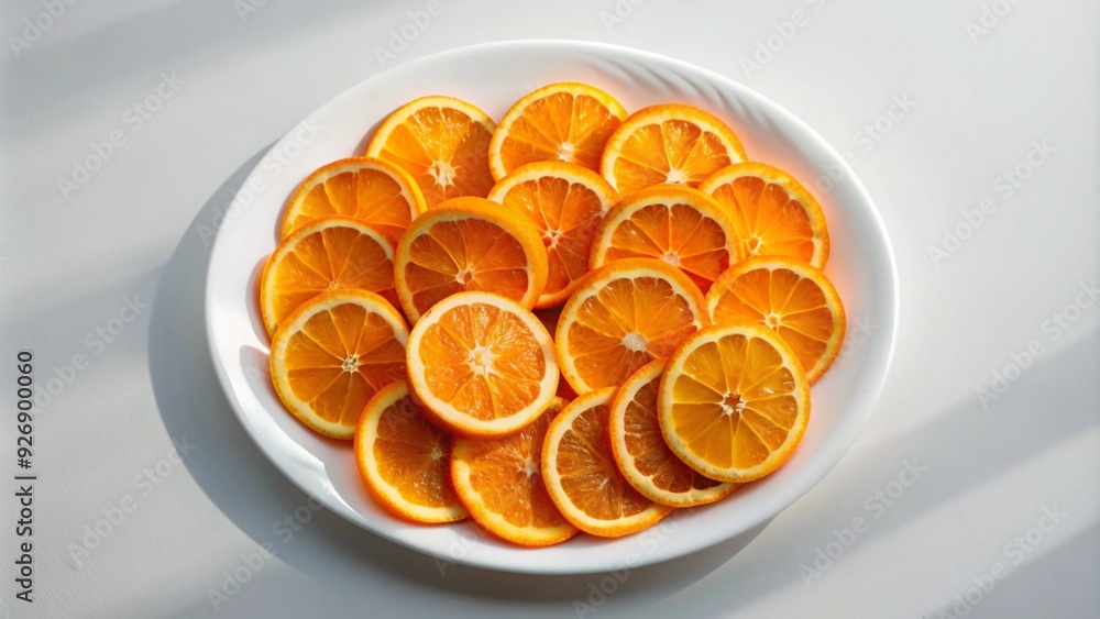 Bright orange slices arranged in a spiral pattern on a clean white plate, with soft shadows falling across the scene. Bright orange slices arranged in a spiral pattern on a clean white plate, with soft shadows falling across the scene.