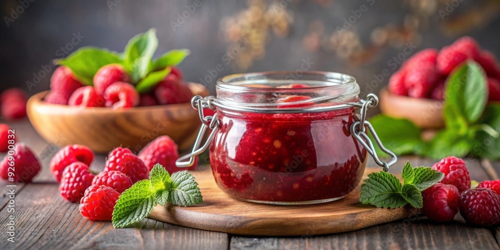 Sweet and vibrant raspberry jam in a clear glass jar , fruit spread, breakfast, homemade, organic Sweet and vibrant raspberry jam in a clear glass jar , fruit spread, breakfast, homemade, organic
