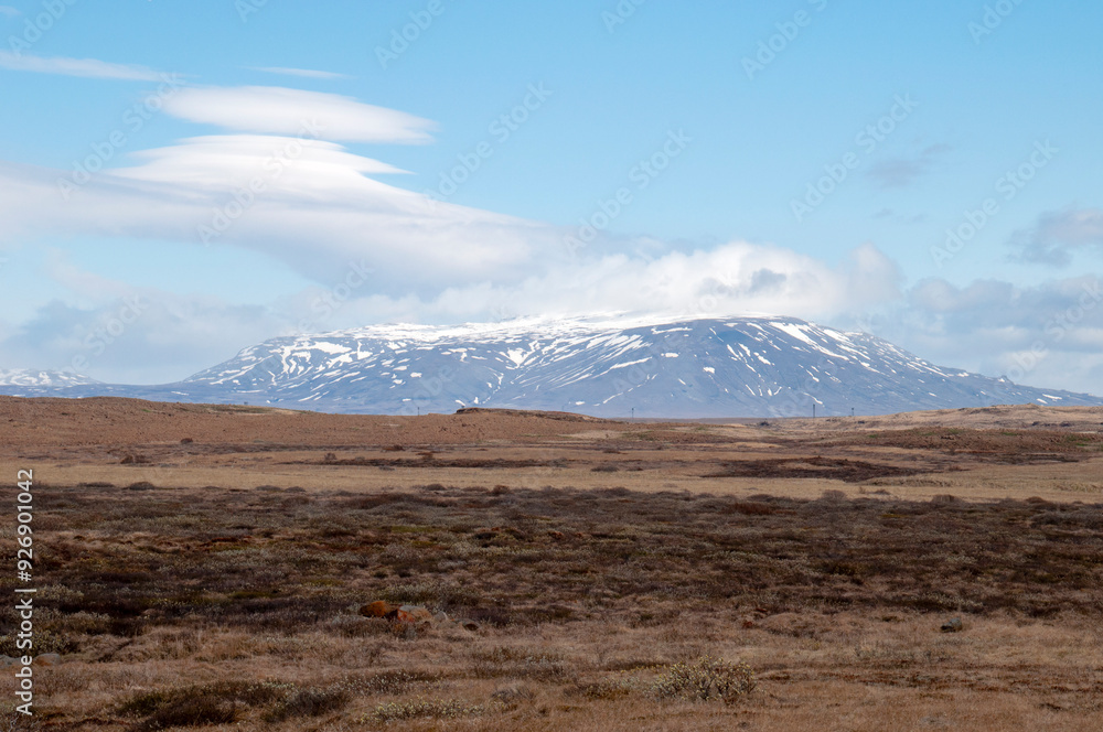 Gullfloss Iceland, view across national park to snow capped mountain