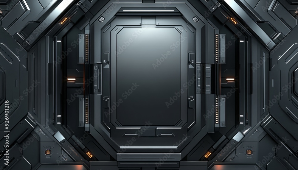 Futuristic Black Metal Panel with Orange Lights Futuristic Black Metal Panel with Orange Lights