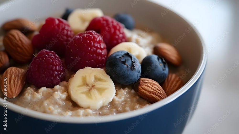 46. A close-up of a bowl of steel-cut oatmeal topped with fresh fruit and nuts 46. A close-up of a bowl of steel-cut oatmeal topped with fresh fruit and nuts