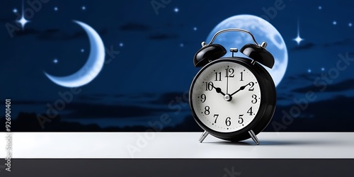 Clock against a dark background with moon and stars, suggesting peaceful slumber and serene dreams. Encourages relaxation, calm, and promotes restful sleep and wellness   photo