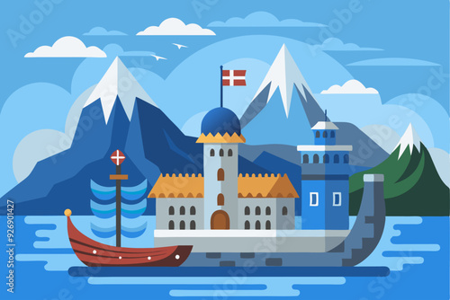 Danish Coastal Town with Viking Ship and Mountains