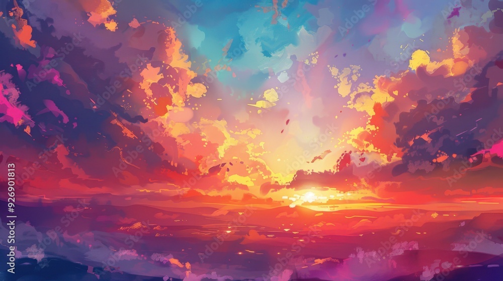 A vibrant sunrise with clouds painted in hues of orange, pink, and purple. A vibrant sunrise with clouds painted in hues of orange, pink, and purple.