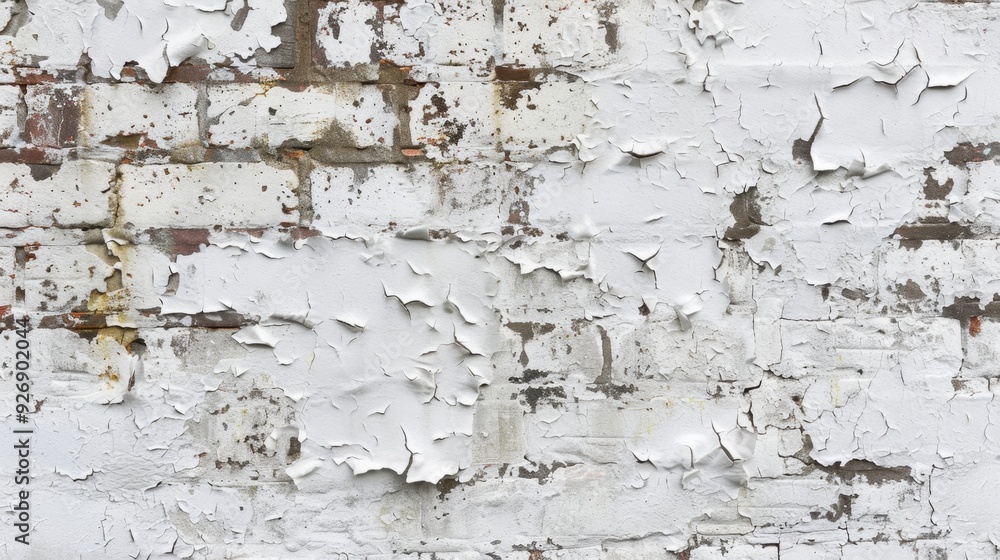 Obraz premium A weathered white brick wall with peeling paint, showing the passage of time and history.