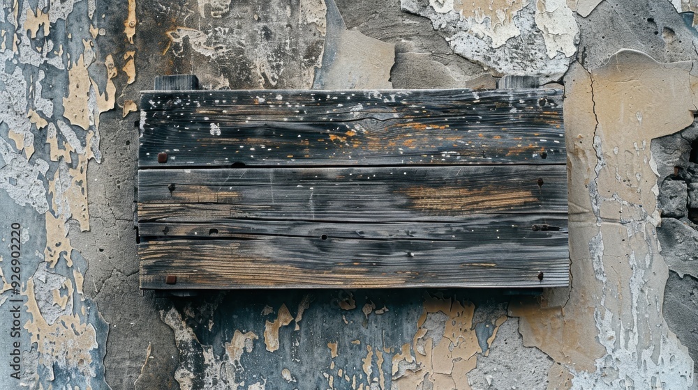 Naklejka premium A weathered wooden sign with a rough surface and chipped edges, propped up against a weathered wall.