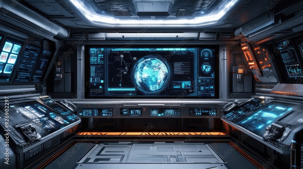 Obraz premium Floating holographic interfaces in a dark room