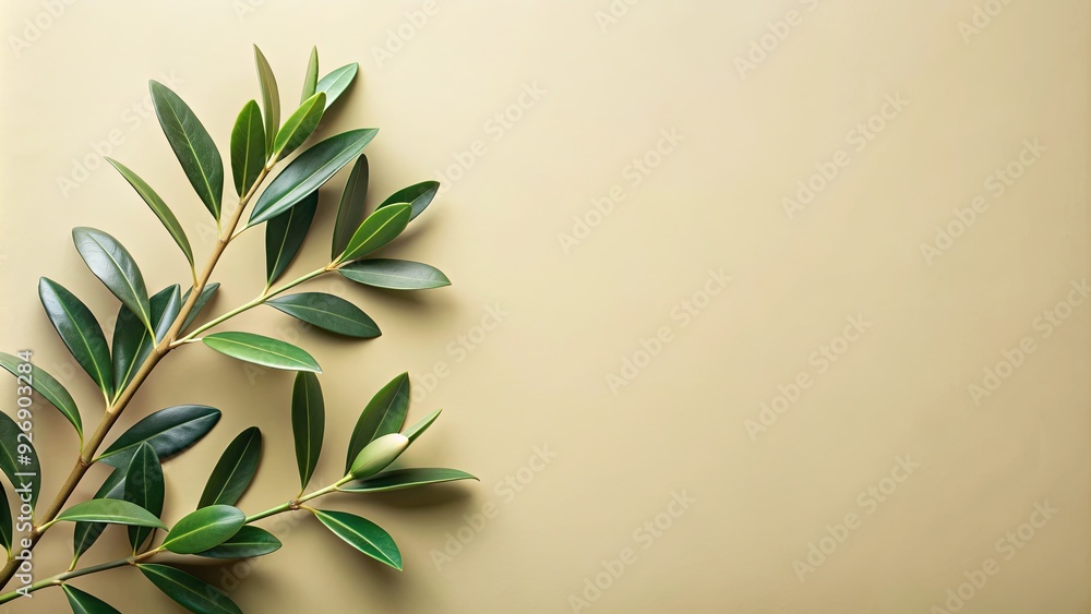 Green leafy branch contrasting against light olive background Green leafy branch contrasting against light olive background