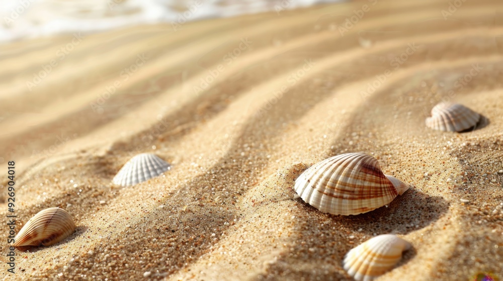 Smooth, even sand with small seashells scattered, creating a natural and organic background.