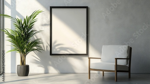 Minimalist living room with a blank wall frame and a single plant