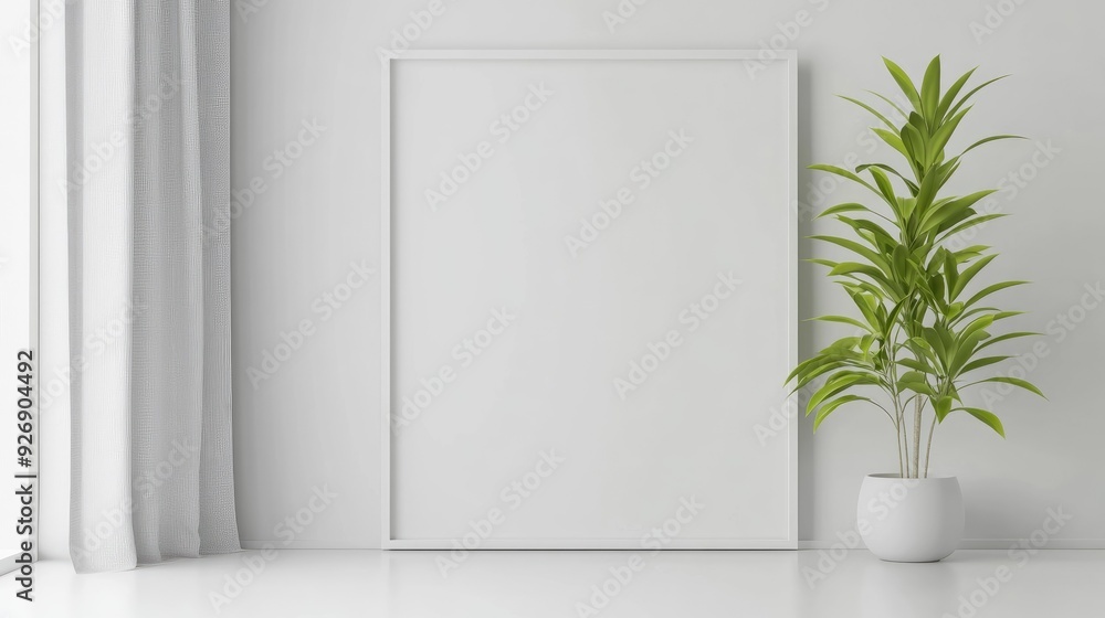 Minimalist living room with a blank wall frame and a single plant Minimalist living room with a blank wall frame and a single plant