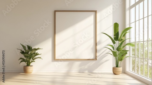 Minimalist living room with a blank wall frame and a single plant
