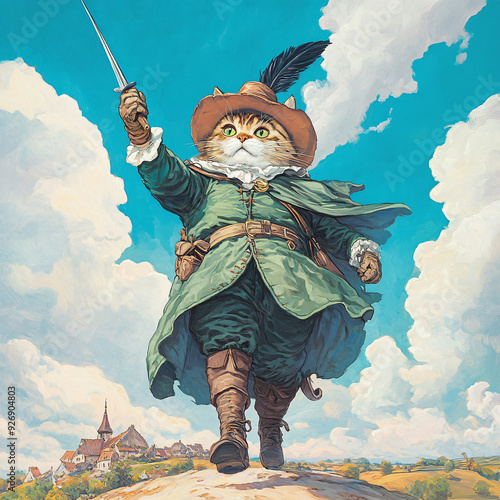 Feline Fencer: Mischievous Cat vs. Giant in Boots and Feathered Hat in Whimsical Countryside