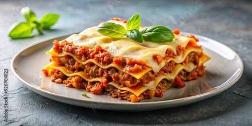 Plate of delicious lasagna with bolognese sauce on a clear background