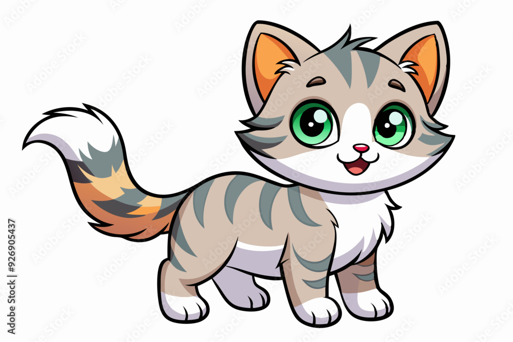Obraz premium A Cute Cartoon Grey, White, and Orange Tabby Cat with Green Eyes