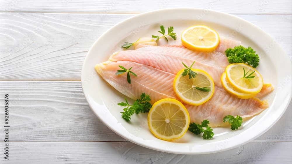 Fresh fish fillet with sliced lemon and herbs on a white plate , seafood, cooking, culinary Fresh fish fillet with sliced lemon and herbs on a white plate , seafood, cooking, culinary