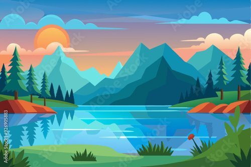 Tranquil Mountain Lake Landscape with Setting Sun