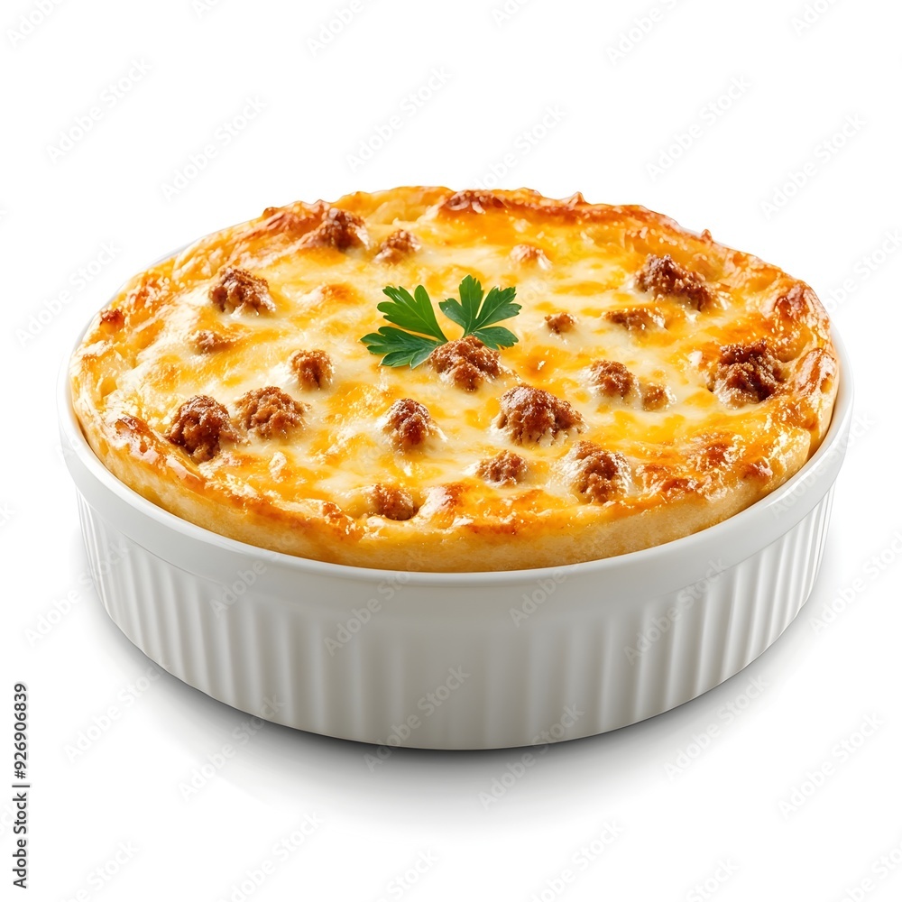 Delicious South African Bobotie Casserole Dish on White Background Delicious South African Bobotie Casserole Dish on White Background