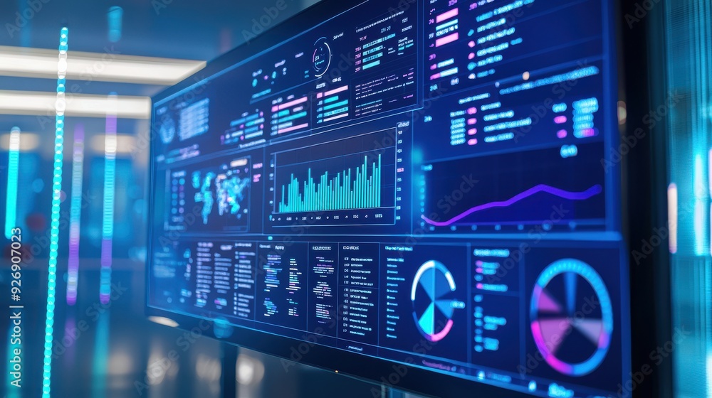 A data analytics dashboard displayed on a large digital screen, showing various metrics and insights in real-time, the dashboard is being used by business analysts and decision-makers to drive A data analytics dashboard displayed on a large digital screen, showing various metrics and insights in real-time, the dashboard is being used by business analysts and decision-makers to drive