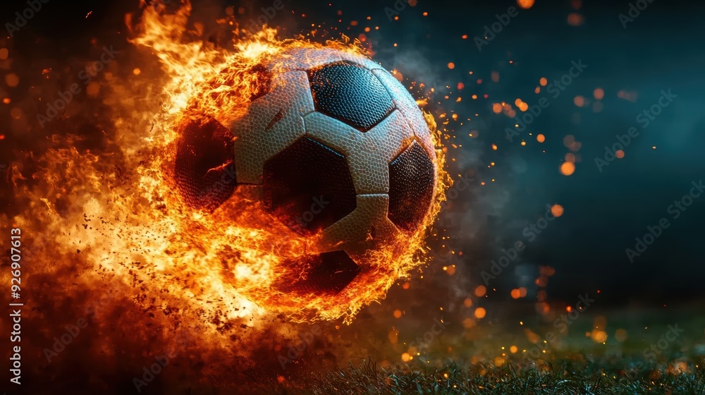 Fototapeta premium Fiery Soccer Ball in Motion, Capturing Dynamic Energy, Passion, and Intensity of the Game, Highlighting Speed, Power, and Excitement in a Dramatic Sport Scene with Flames and Motion Blur.