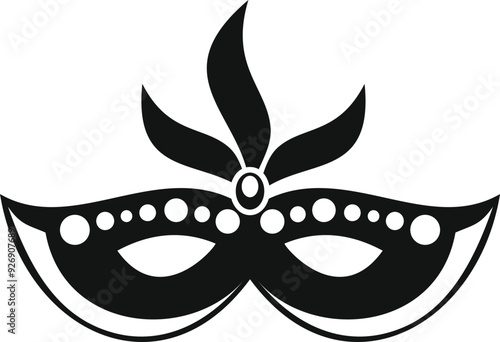 Simple black and white icon of a mardi gras mask with feathers and jewels