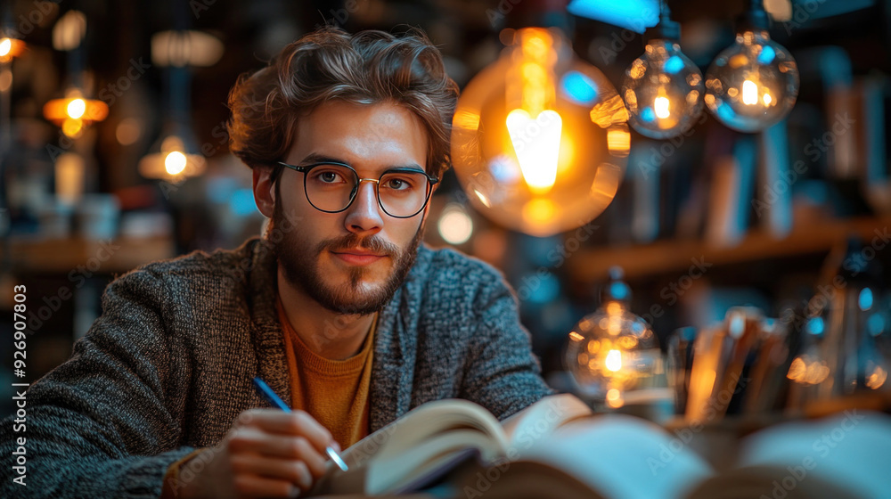 A student studying with a glowing light bulb overhead, symbolizing the enlightenment and understanding gained through education. A student studying with a glowing light bulb overhead, symbolizing the enlightenment and understanding gained through education.
