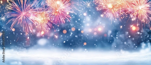 A bright and joyful Merry Christmas and Happy New Year card with colorful fireworks lighting up the night sky above a snowy winter landscape
