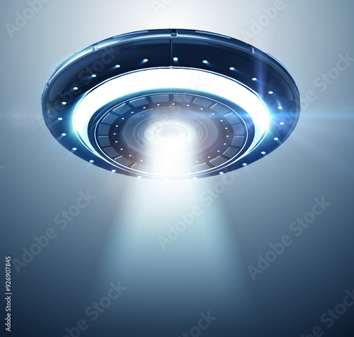 Illustration of flying saucer emitting light - 3d rendering