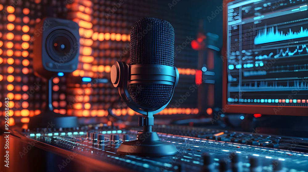 3D Broadcasting Microphone Overview High-tech microphone for audio production Abstract voice over waveforms Digital sound editing tools Podcasting concept
3D Broadcasting Microphone Overview High-tech microphone for audio production Abstract voice over waveforms Digital sound editing tools Podcasting concept