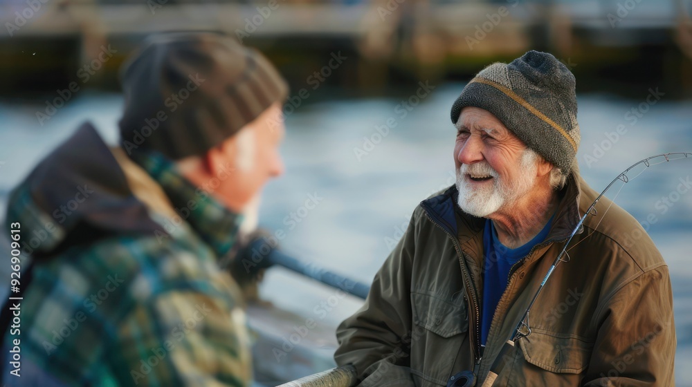 Fototapeta premium Happy senior man and his son talk while freshwater fishing from pier.