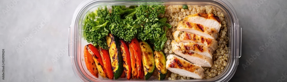 Healthy lunch in a container with grilled chicken, rice, peppers and greens. Healthy lunch in a container with grilled chicken, rice, peppers and greens.