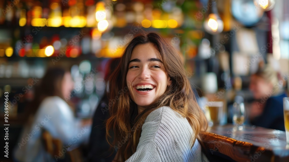 Happy woman enjoying while gathering with friends in pub. Happy woman enjoying while gathering with friends in pub.