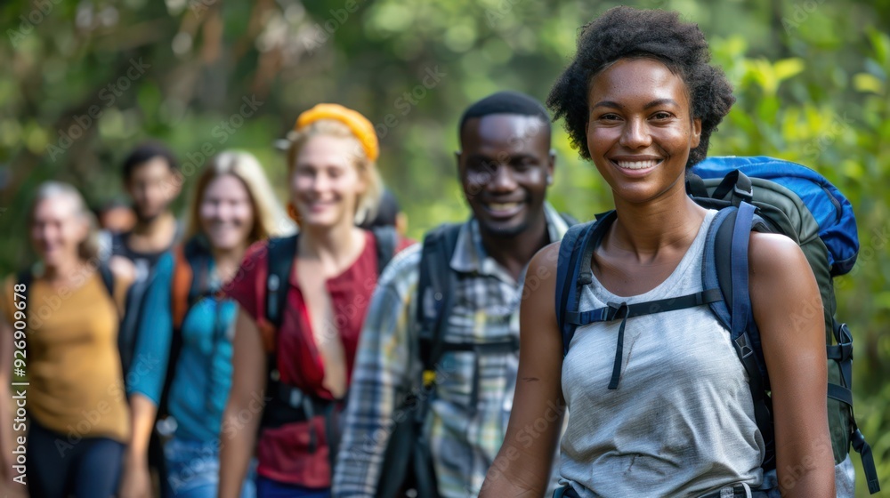 Multiracial group of happy hikers walk through nature. Multiracial group of happy hikers walk through nature.