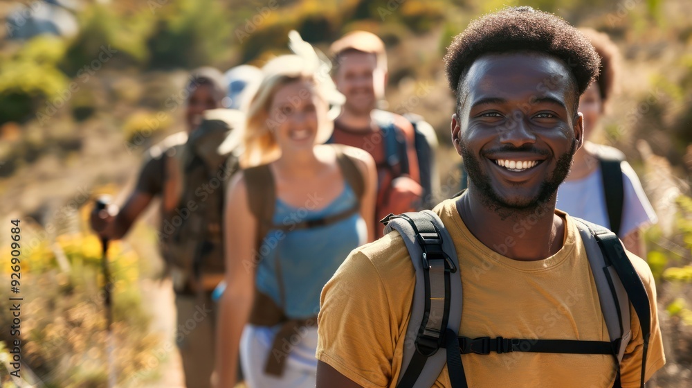 Multiracial group of happy hikers walk through nature. Multiracial group of happy hikers walk through nature.