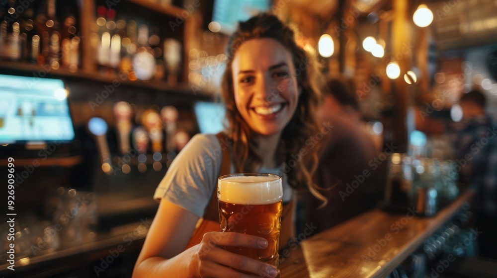 Happy waitress serving beer at bar counter in pub. 