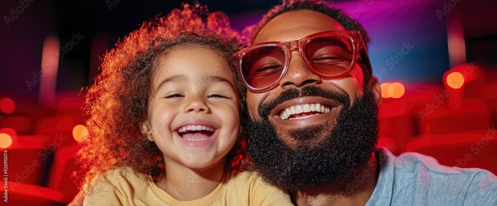 Black Father And Daughter Enjoying A Movie In The Theater, Smiles Wide Black Father And Daughter Enjoying A Movie In The Theater, Smiles Wide