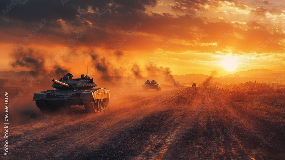 Fototapeta premium Tank Convoy Rolls Through Dust at Dawn: A Powerful Image