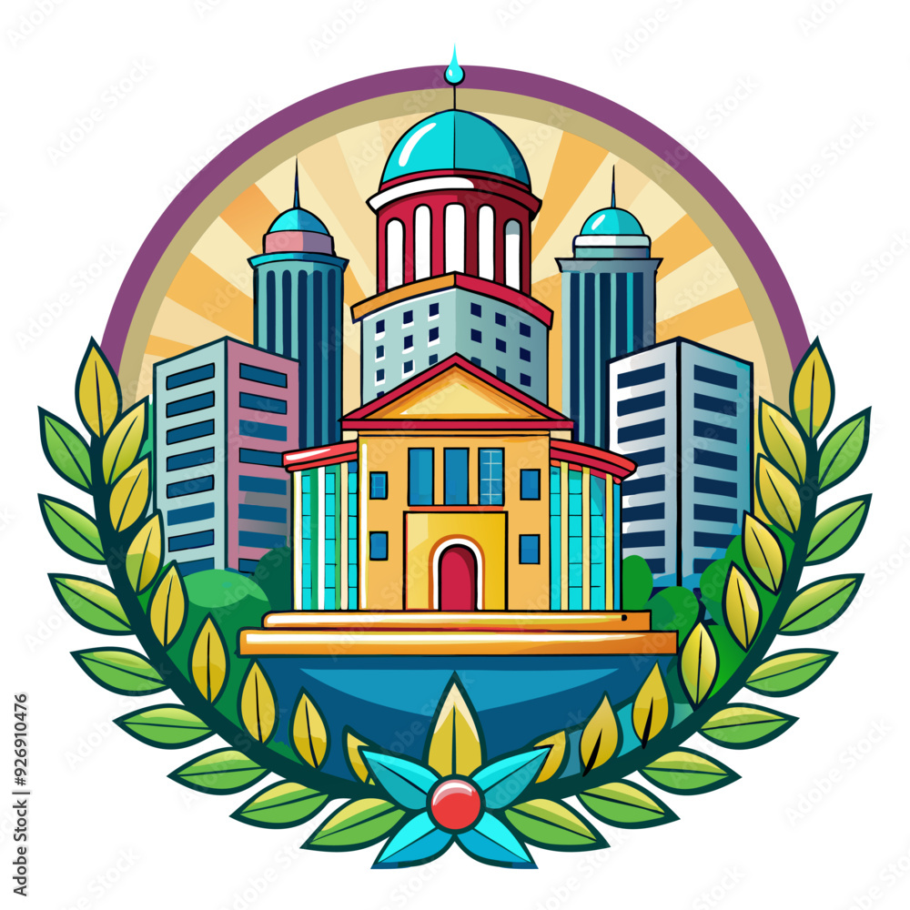 Fototapeta premium Cityscape with Buildings and Sunburst in Circular Frame with Floral Accents